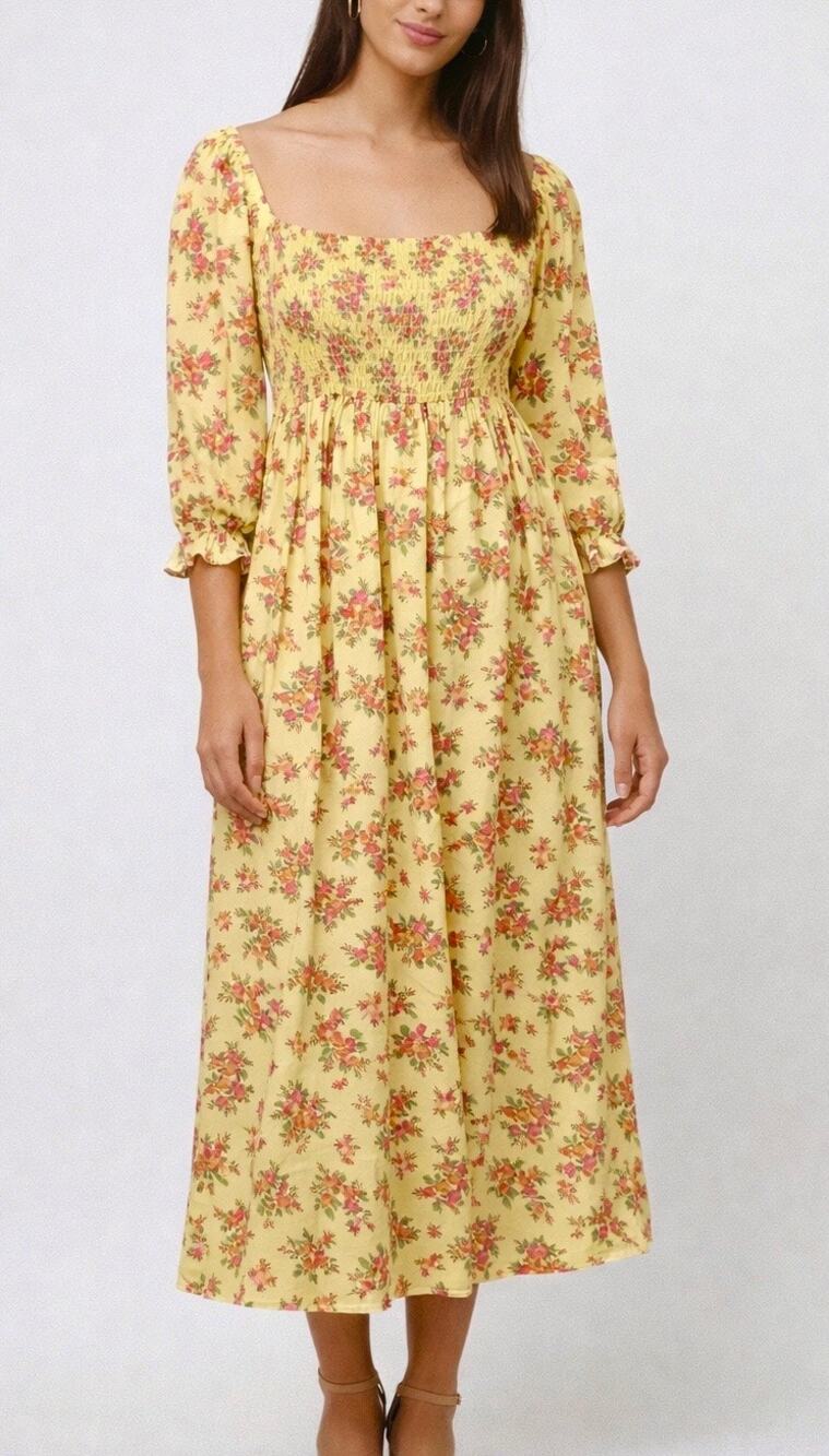 Faithfull the Brand Brisa Midi Dress Ondine Floral Yellow Smocked Size M (6)